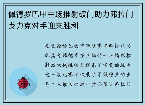 佩德罗巴甲主场推射破门助力弗拉门戈力克对手迎来胜利