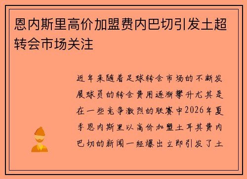 恩内斯里高价加盟费内巴切引发土超转会市场关注